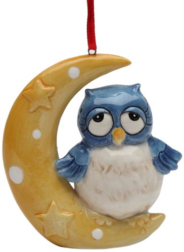 Blue Owl on a Yellow Crescent Moon with Stars Christmas Tree Ornament