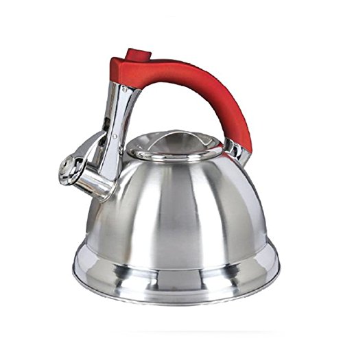 Mr Coffee Collins Brook Tea Kettle with Red Handle and Push Button Spout Trigger, 2.4 quart, Stainless Steel