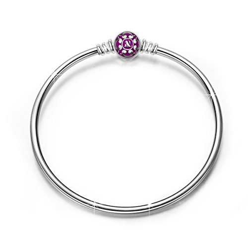NinaQueen 7.5 Inch 925 Sterling Silver Bangle Bracelet with Purple Snap Clasp,Ideal Gift for Her (Purple)