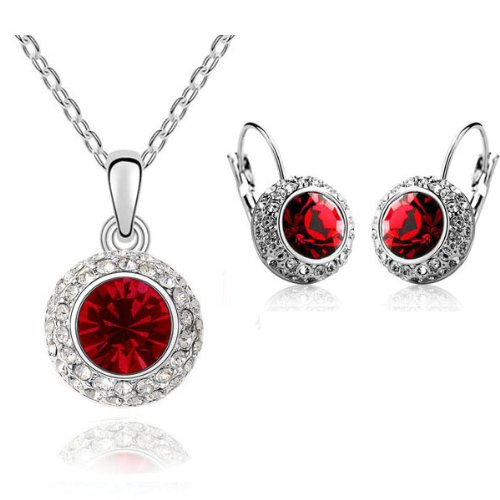 Austrian Crystals Red Jewellery Set Circle Earrings & Necklace with Pendant S236