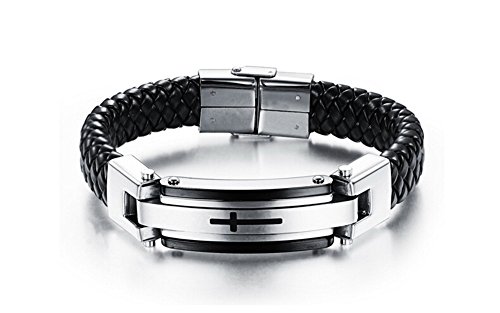 Men Fashion Solid Stainless Steel Cross Braide Leather Bangle Bracelet (Silver)