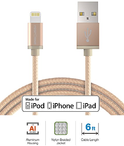 FosPower [Apple MFi Certified] Braided 8 Pin Lightning to USB Cable with Aluminum Connector for iPhone 6S, 6 Plus / iPad Pro / Air 2, mini 3 / iPod Touch 5th Gen, iPod Nano 7th Gen & More (6 FT) Gold