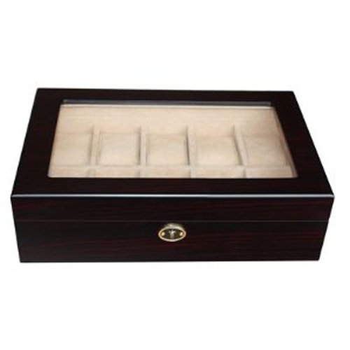 Elegant 10 Piece Ebony Wood Watch Display Case and Storage Organizer Box