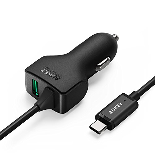 AUKEY USB C Car Charger 27W Dual USB Port with one Built-in 3.3ft Type C Cable for Nexus 6P, Nexus 5X, Other Type C Supported Devices. (Black)