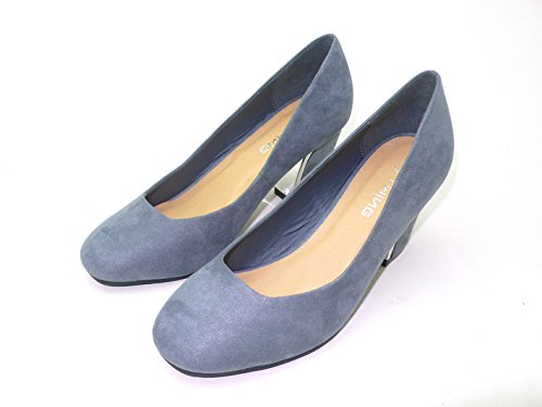 Twing Republic NEELY Women's Classic Round Toe High Chunky Heel Platform Pump Shoes (10 B(M) US, SLATE BLUE)