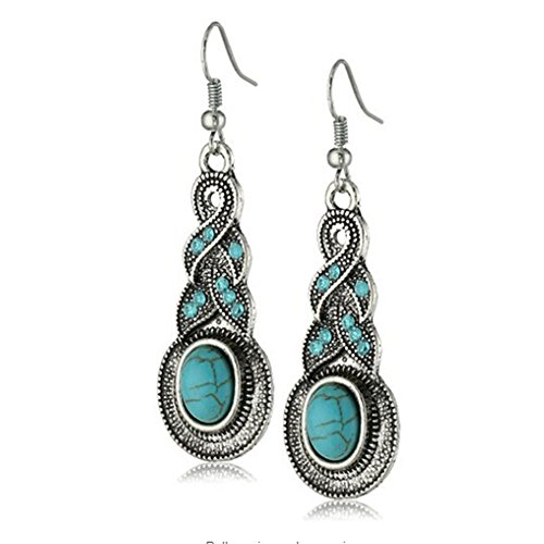 Yazilind Ethnic Tibetan Silver Oval Rimous Turquoise Crystal Drop Dangle Earrings