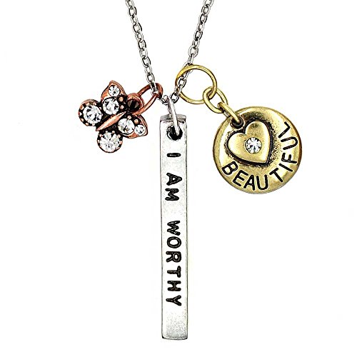 Simple Truths 'I Am Worthy I Am Strong' Pendant Necklace - Three Tone Charm Necklace With Tiny Crystal Butterfly And Simple Heart - Great Sports Fan Pendant Gift