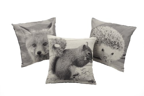 Woodland Cushion Covers Pack Of 3. Includes One Squirrel, One Fox And One Hedgehog Cushion Cover 43cm x 43cm (17in x 17in).