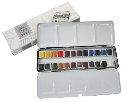 Winsor & Newton Artist's Water Colour Half Pans Light Weight Metal Box - Multi-Coloured, Pack of 24