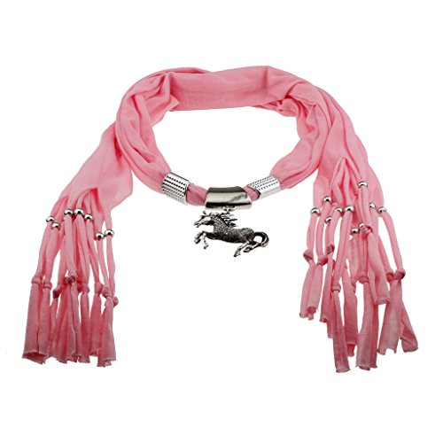 Pink Scarf Shawl with Vintage Charm Elegant Studded Crystals w/ Galloping Prancing Horse Pendant