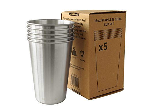 16oz Stainless Steel Drinking Cups - Pack of 5 - Eco Friendly Metal Pint Glass Tumblers for the Family and Kids - Great for Kitchen, Outdoors, Grilling, Traveling, and Camping