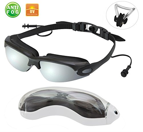 Anti Fog Swim Goggles with Connected Ear Plug - Mirrored Glass - High Quality Material - Bundle with Extra Bonus Gift Nose Clip and Protector Case