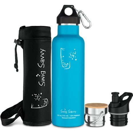 Swig Savvy's Stainless Steel Vacuum Insulated Water Bottle, Standard Mouth , 25oz Double Wall Design, with 3 Interchangeable Caps - Including Water Bottle Pouch