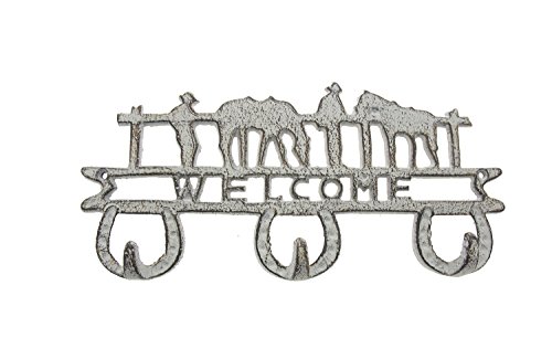 Country Style Cast Iron Triple Wall Hook / Key Holder with Horseshoes and Welcome Sign | Decorative Cast Iron Wall Hook Rack |11.2x1.2x5. - With Screws and Anchors By Comfify (Antique White)
