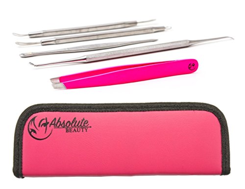 Best Quality Blemish & Blackhead Remover Kit Comedone Extractor with Tweezers-Professional Quality Blackhead Extractors and Eyebrow Tweezers-Hot Pink-Skin Care Kit-Blemish Tools Easily and Safely Treat-Comedone-Acne-Zit-Blackheads-Pimples and Blemish Problems.