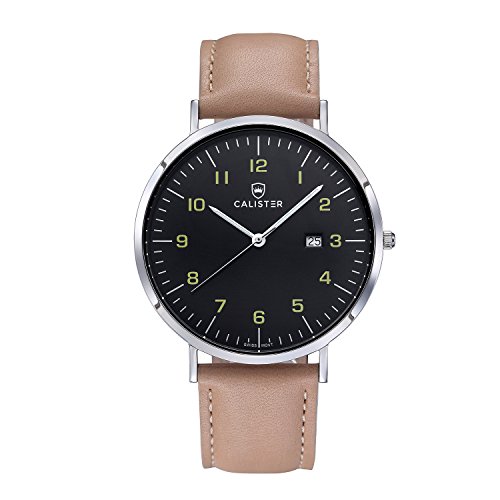 Bauhaus Swiss Movement Watch with Sapphire Crystal & Beige Italian Leather Strap, BAU005, By Calister