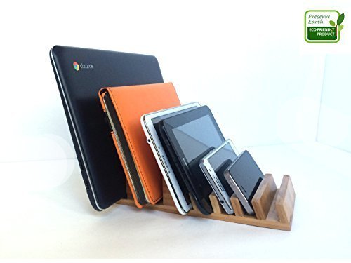 Bamboo Charging Station Stand Dock Multi Device Organizer for Small Laptops, Tablets, Chrome Books and Smartphones. Great for Smart Device Storage.