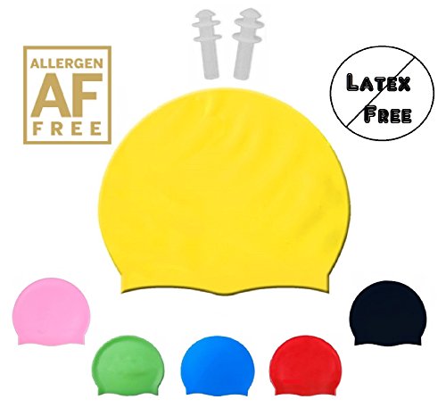 Silicone Swimming Cap - Allergy Free - Comfortable Fit Great for Long Hair and Short Hair - Non Latex Swim Caps - For Adults and Kids - Premium Thick Anti Rip Material - Includes Free Gift a Pair of Ear Plugs - Yellow