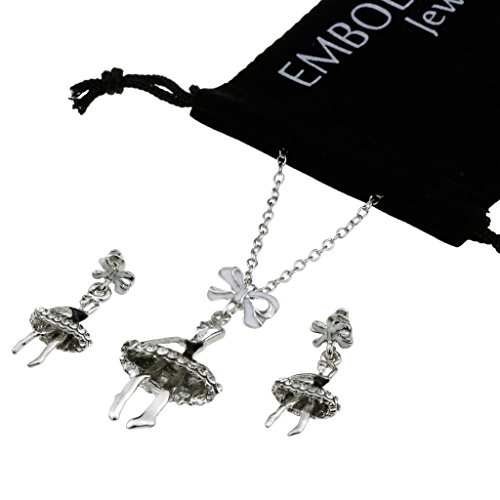 Silver Studded Crystals Ballet Girl Earrings Pendant Set in Clavicle Chain