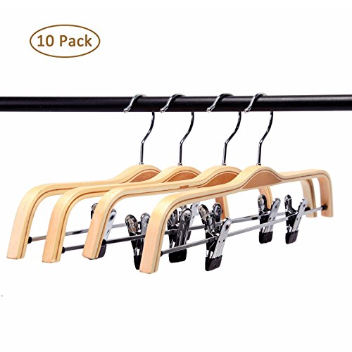LOHAS Home® H03 10-Pack Light Wood Skirt Hangers, Sturdy Wood Pants Hangers, Wood Trousers Hangers, Wood Clothes Hangers with Polished Hooks and Clips