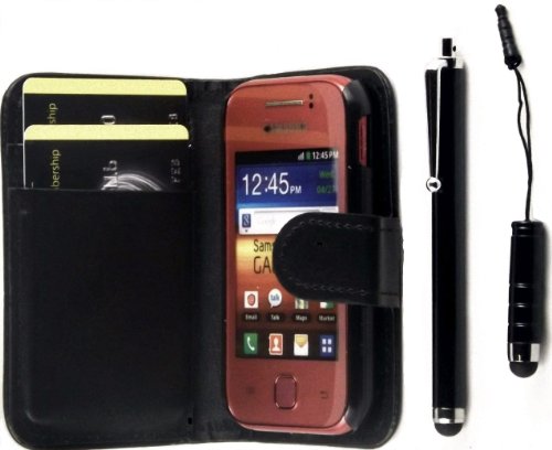 R.BAWA. PACK OF 5. Black Leather Wallet Case for SAMSUNG GALAXY Y S5360 + 2 Screen Protectors + 2 Stylus Pens