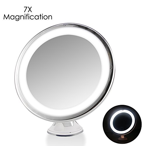 7X Magnifying Lighted Vanity Makeup Mirror 360° Rotation, Oenbopo Touch Control On/Off Round Shape LED Lighted Vanity Mirror Bathroom Makeup Mirror Dimmable Light with Strong Suction Cup