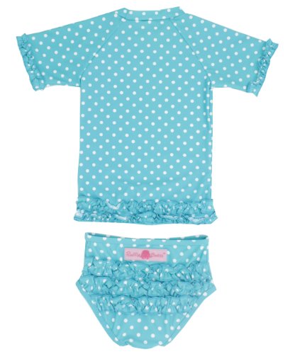 RuffleButts® Infant / Toddler Girls Aqua Polka Dot Ruffled Rash Guard Bikini