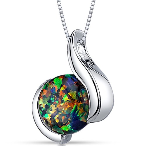 Created Black Opal Pendant Necklace Sterling Silver Round Cabochon 1.75 Carats