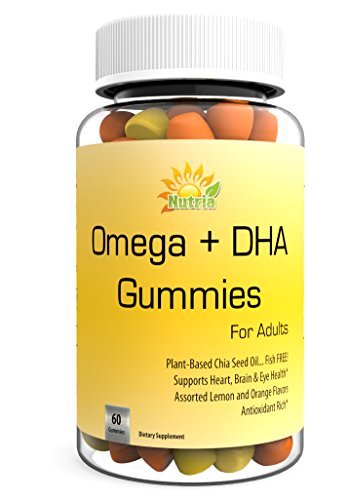 Best Omega 3-6-9 & DHA Gummies By Nutria-Super Potency Dietary Supplement For Adults- (550mg) Fish Free, Plant Based Chia Seed Oil-60 Count Heart, Brain, and Immune Support-Orange & Lemon Flavor