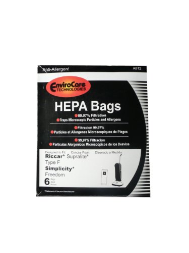 6 Riccar HEPA Type F Vacuum Bags, Simplicity, Freedom, Supralite, Canister Vacuum Cleaners, RSLH-6, SF-6, RSL1, RSL1A, RSL1AC, RSL3C, RSL2, RSL3, RSL4, RSL5, RSL5C, SLPLUS, RFH-6, F3500