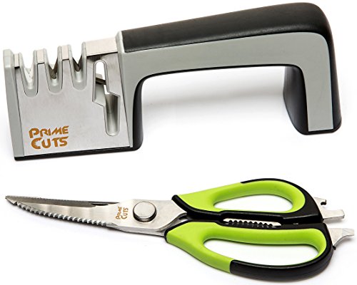 PrimeCuts Knife Sharpening System - Diamond Global Knife Sharpener & Scissor Sharpener for Chefs | FREE Heavy Duty Kitchen Scissors & FREE Cut Resistant Glove | For Ceramic & Steel Knives