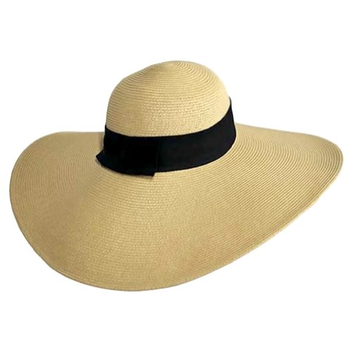 Luxury Divas Flat Tan Wide Brim Sun Hat With Black Ribbon Trim