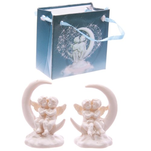 White Double Cherub Figurines Sitting on Crescent Moon in a Bag