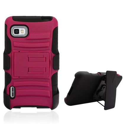 For LG Optimus F3/LS720 CDMA (Sprint/Virgin Mobile) Hot Pink Armor Case, w/ Black Belt Clip & Black Stand