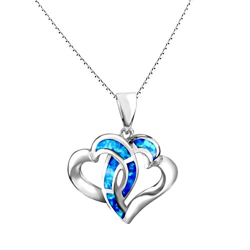 Deal of The Day[ We are Toghther Forever] Z&T 925 Sterling Silver Created Blue Opal Double Love Heart Pendant Necklace 18''?Perfect Valentine Day Gifts for Her