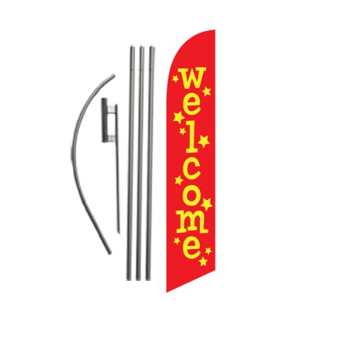 Welcome (stars/red) 15ft Feather Banner Swooper Flag Kit - INCLUDES 15FT POLE KIT w/ GROUND SPIKE