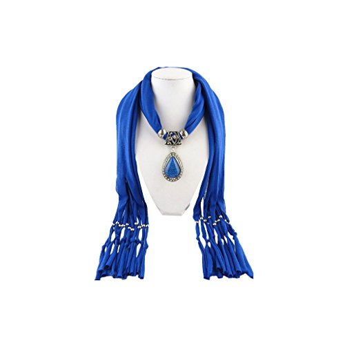 Sapphire Blue Cotton Scarf Shawl in Silver with Vintage Charm Silver Studded Crystals Teardrop Shape Pendant
