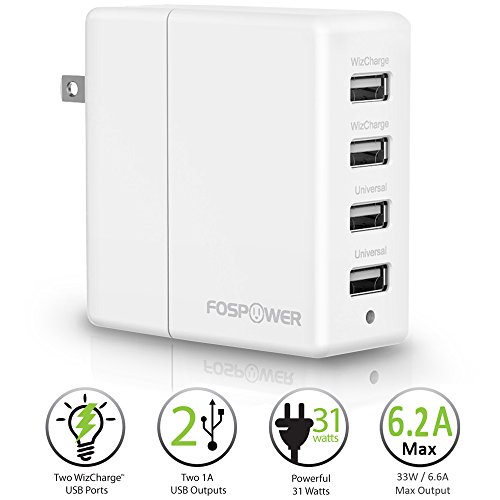 FosPower® (31W / 6.2A) 4-Port USB Rapid Foldable Plug Travel Wall Charger Adapter [2.4A Max WizCharge Output] for Apple iPhone 5/5S/5C/6/6 Plus, iPad 4/mini/Air, Samsung Galaxy Note 3/4, Galaxy S6/S5/S4/S3, HTC One M9, Moto G 2014, Nexus 5/6, LG G3/G4