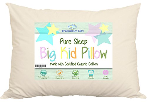 Bed Pillow For Growing Kids Not Quite Ready For An Adult Size. Delicate Handmade Organic Cotton Shell. Your Pure Sleep 18x24 Size Works With Toddler & Kids Beds. Made In USA.