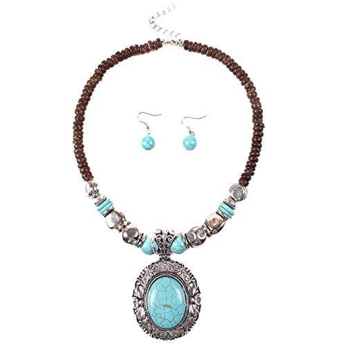 Qiyun (TM) Chunky Turquoise Blue Pendant Wood Beaded Chain Necklace Tibet Necklace Earrings