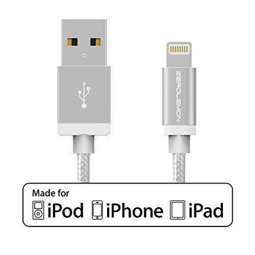 ZerolemonÂ® [Apple Mfi Certified] Lightning to USB Rugged Nylon Cable 6.4 Feet / 2 Meter + Enhanced Aluminum Caps for Iphone 6 (4.7) / Plus (5.5) /5s / 5c / 5, Ipad Air / Mini / Mini2 / Ipad Air / Ipad 4th Generation, Ipod 5th Generation, and Ipod Nano 7th Generation [2 Year Warranty] - Rugged Silver