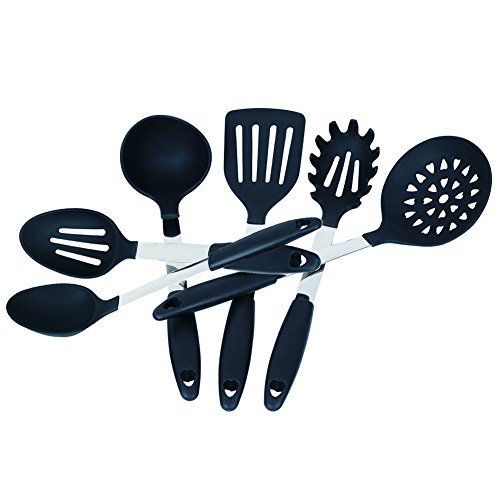 Kuke 6 Piece Kitchen Utensil Set,Heat Resistant Silicone Stainless Steel Cooking Tools,BPA Free Nylon Cookware Gadgets,Dishwasher Safe(Black)