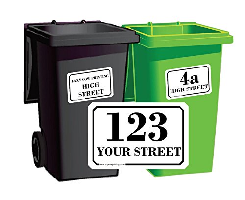Personalised Printed Wheelie Bin Number Stickers with Road and Street Name - A6 Vinyl Waste Container Decals - set of 4