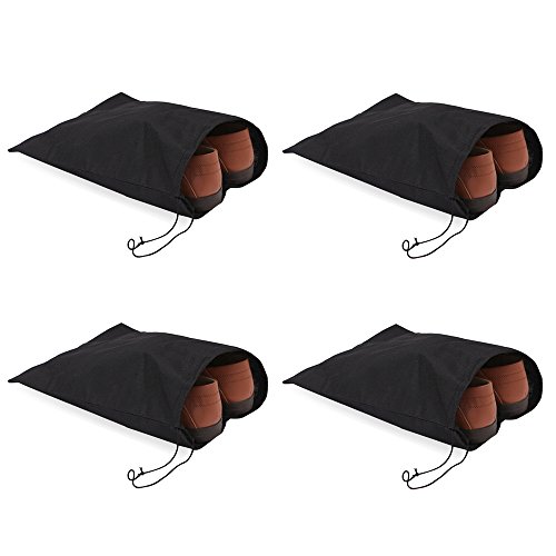 Travel Shoe Bags 16x12 w/ Drawstring (Black) (4-Pack) Soft Nylon Shoe Tote Bags, Suitcase Dress Travel