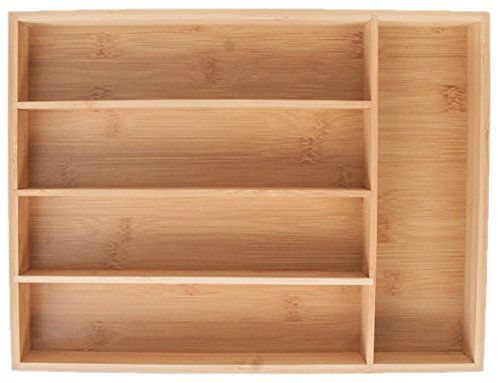 KD Organizers 5-Slot Bamboo Cutlery Drawer Organizer: Storage dividers for silverware, flatware, utensils, jewelry, etc. Stylish tray for kitchen, bathroom, desk, utility and junk drawers.