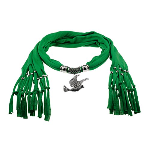 Green Scarf Shawl in Silver with Vintage Charm Elegant Studded Crystals Dove Bird Pendant