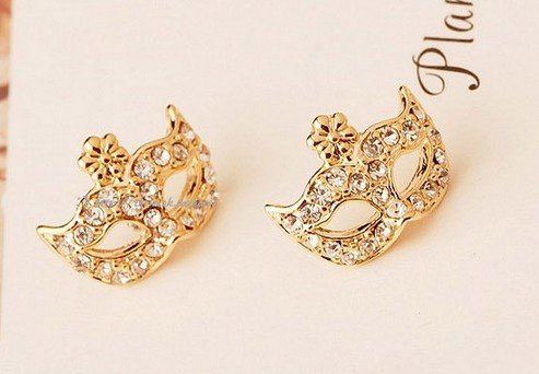 niceEshop 1 Pair of Bohemia Style Gold Plated Crystal Rhinestone Party Mask Ear Stud