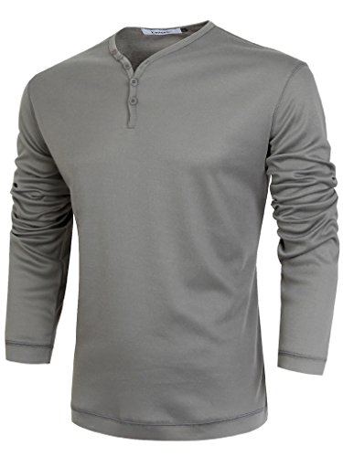 Emiqude Mens Casual Slim Fit Long Sleeve V Neck Button Cotton T-Shirt Medium Light Gray