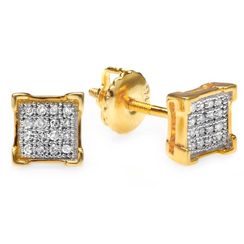 0.10 Carat (ctw) Round Diamond V-Prong Square Mens Hip Hop Iced Stud Earrings 1/10 CT