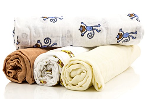 Muslin Swaddle Blankets, Super Soft and Comfortable, 100% Cotton, Pack of 4
